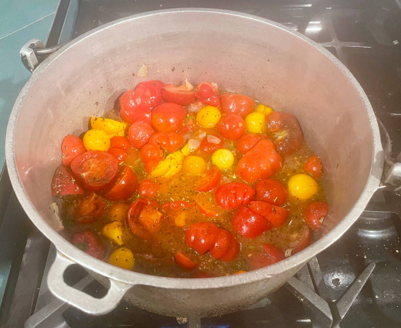 Heirloom Tomatoes in a pot Pot of heirloom tomatoes making Creamy Tomato Soup