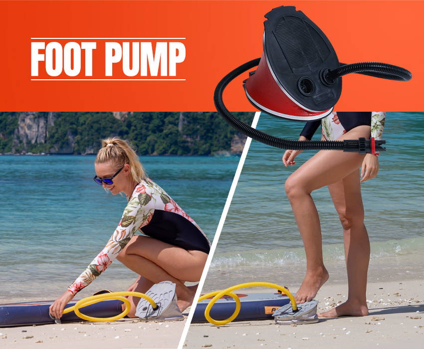 A woman uses the included foot pump to inflate her bodyboard