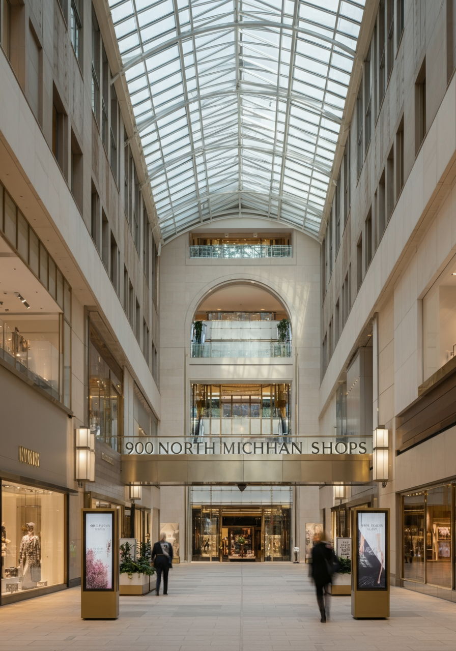 The 900 North Michigan Shops entrance with its soaring atrium and luxury boutiques. The sophisticated shopping destination exemplifies the high-end retail experience available to Gold Coast residents, featuring designer stores and upscale dining options all under one roof.
