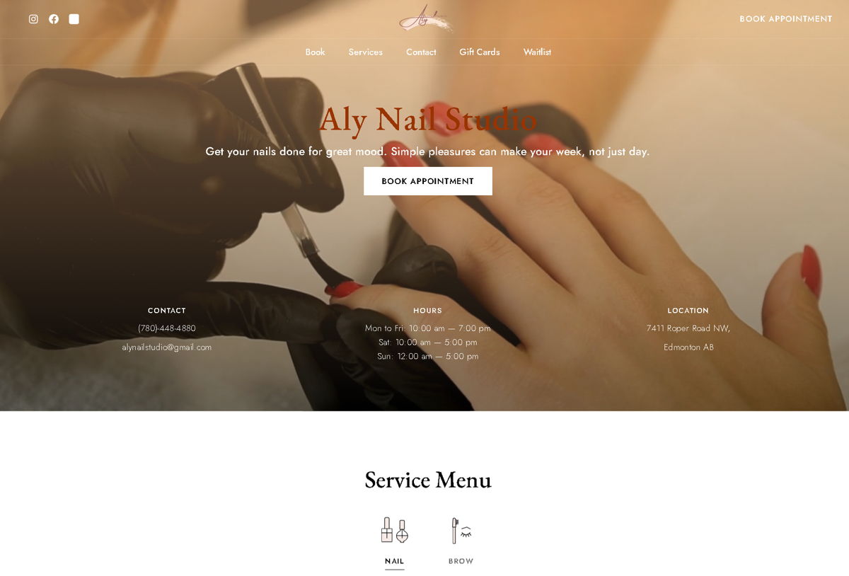 Screenshot of Aly Nail Studio, from the nail salon websites collection.