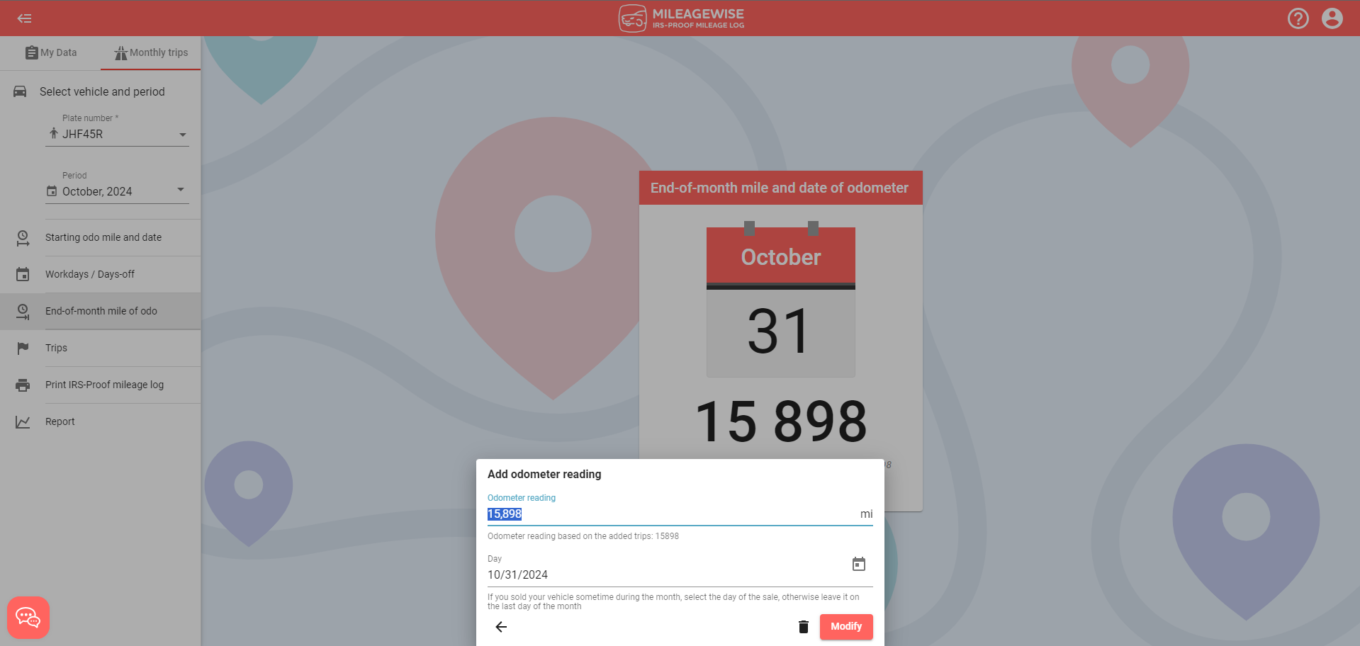 modify end of month odometer reading