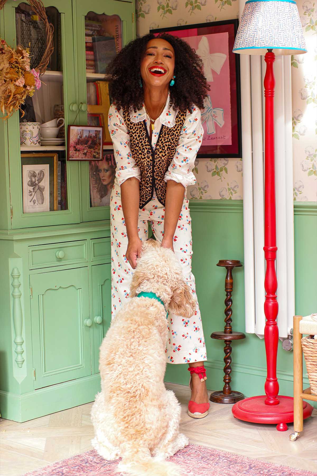 Hazel Gardiner wears Yolke's Blossom Print cropped corduroy trousers, blossom prairie shirt and leopard print waistcoat 