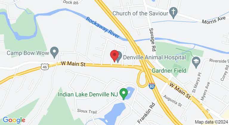 Map showing Denville area with major roads, Rockaway River, Denville Animal Hospital, Indian Lake Denville NJ, and Gardner Fi