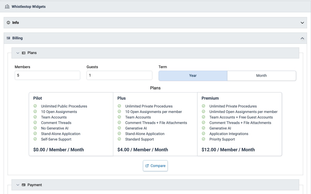 Billing panel with the Plans and Payment sections