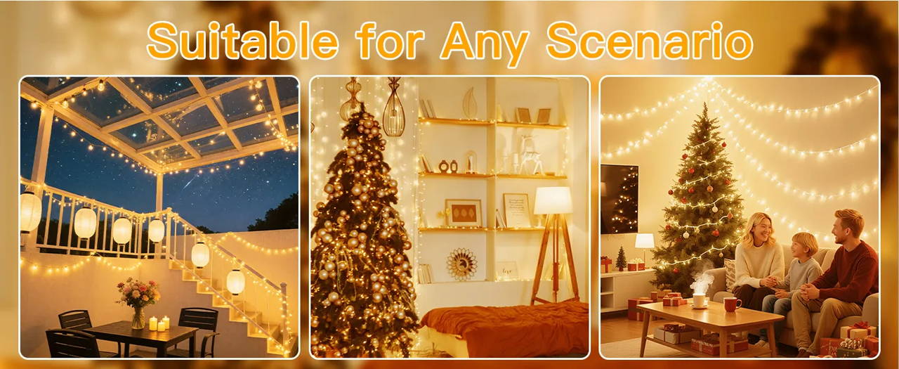 Features of Ollny's 800 leds clear cable cool white string lights - desktop size