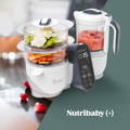 a banner for nutribaby plus baby food processor in white colour, with the name of the product in white over a dark green background