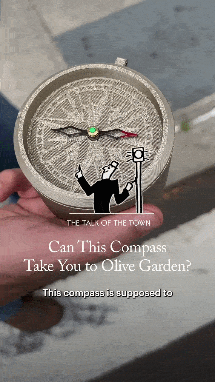 A gif of a man holding a compass, which transitions into an Olive Garden sign and a man speaking.