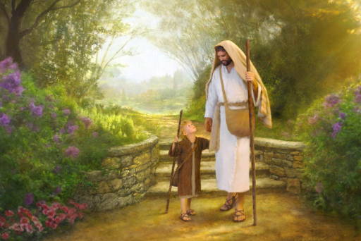 Jesus walking with a young boy. Both are carrying shepherd staffs.