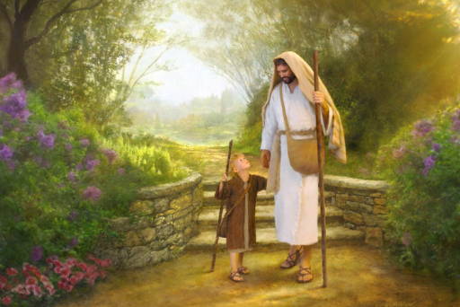 Jesus walking with a young boy. Both are carrying shepherd staffs.