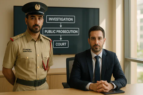 Two men, one in Dubai Police uniform and one in a suit, stand before a flowchart depicting investigation, public prosecution, and court stages.