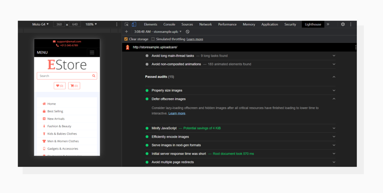 The audit is green here because I’m using Uploadcare’s Adaptive Delivery to optimize images and lazy-load them. Defer Offscreen Images in Lighthouse