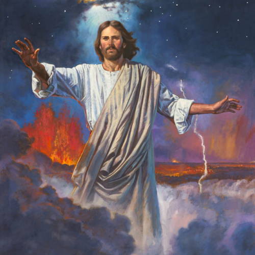 Jesus standing amid clouds, volcano eruptions, lightning, and the stars. His arms are oustretched in the act of creating the world. 