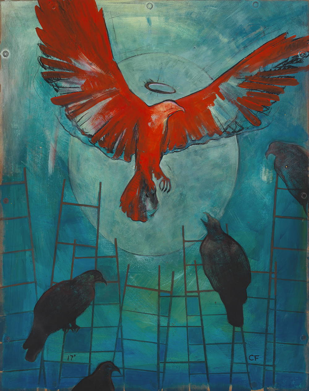 Symbolic painting of a large red bird with a halo with black birds beneath it. 