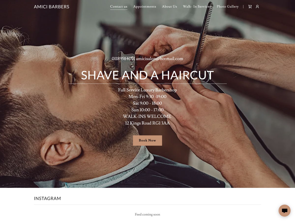 Screenshot of Amici Barbers, from the godaddy websites collection.
