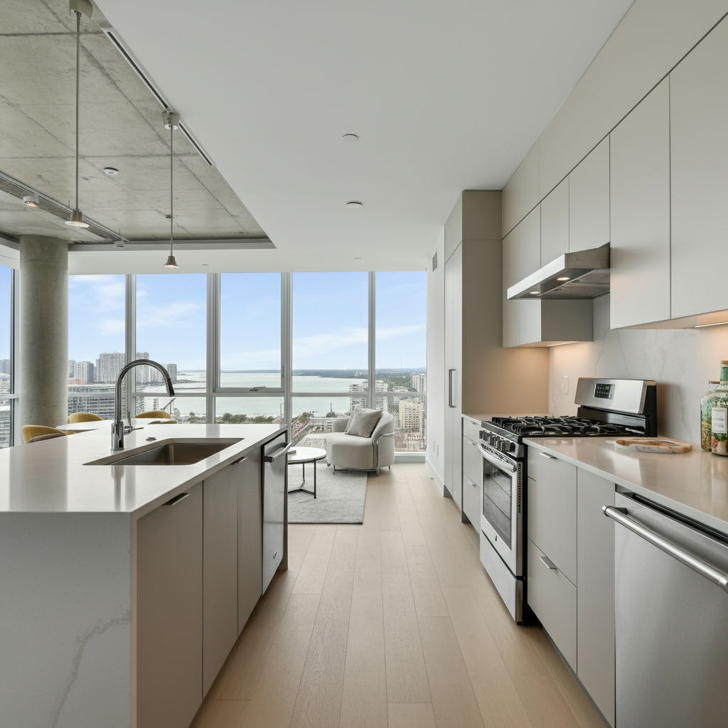 Modern Streeterville condominium interior featuring an open-concept living space with floor-to-ceiling windows framing panoramic lake and city views. The contemporary kitchen showcases waterfall quartz countertops, integrated appliances, and minimalist cabinetry, representing the premium finishes buyers expect in this market.