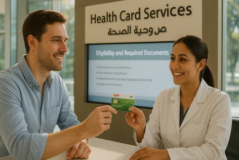 A smiling man receives a green Dubai health card from a healthcare service provider at a health card center.
