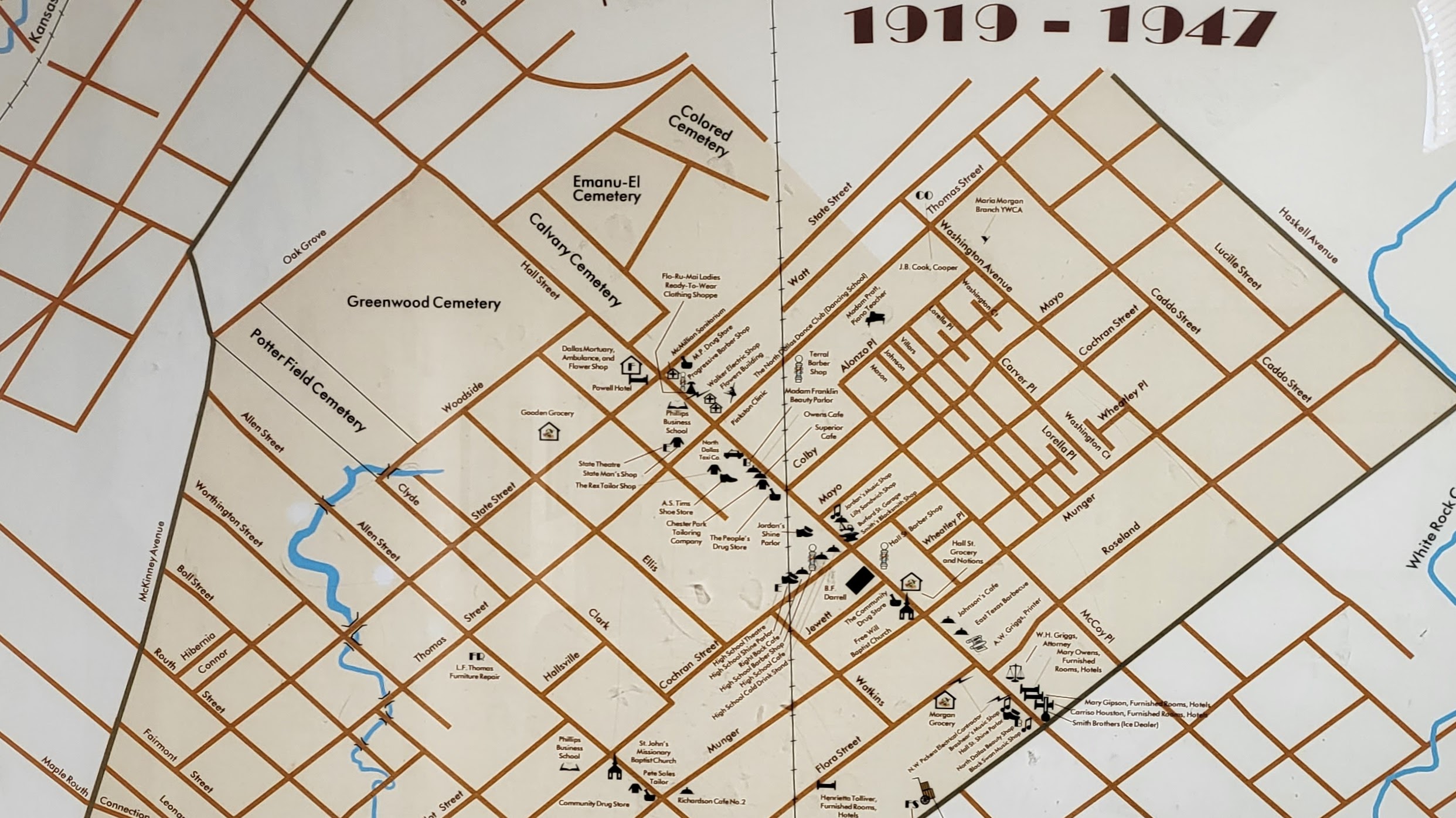 Portion of a map of Freedman Town and North Dallas Communities, 1919 - 1947, on display at the African American Museum of Dallas in Fair Park.