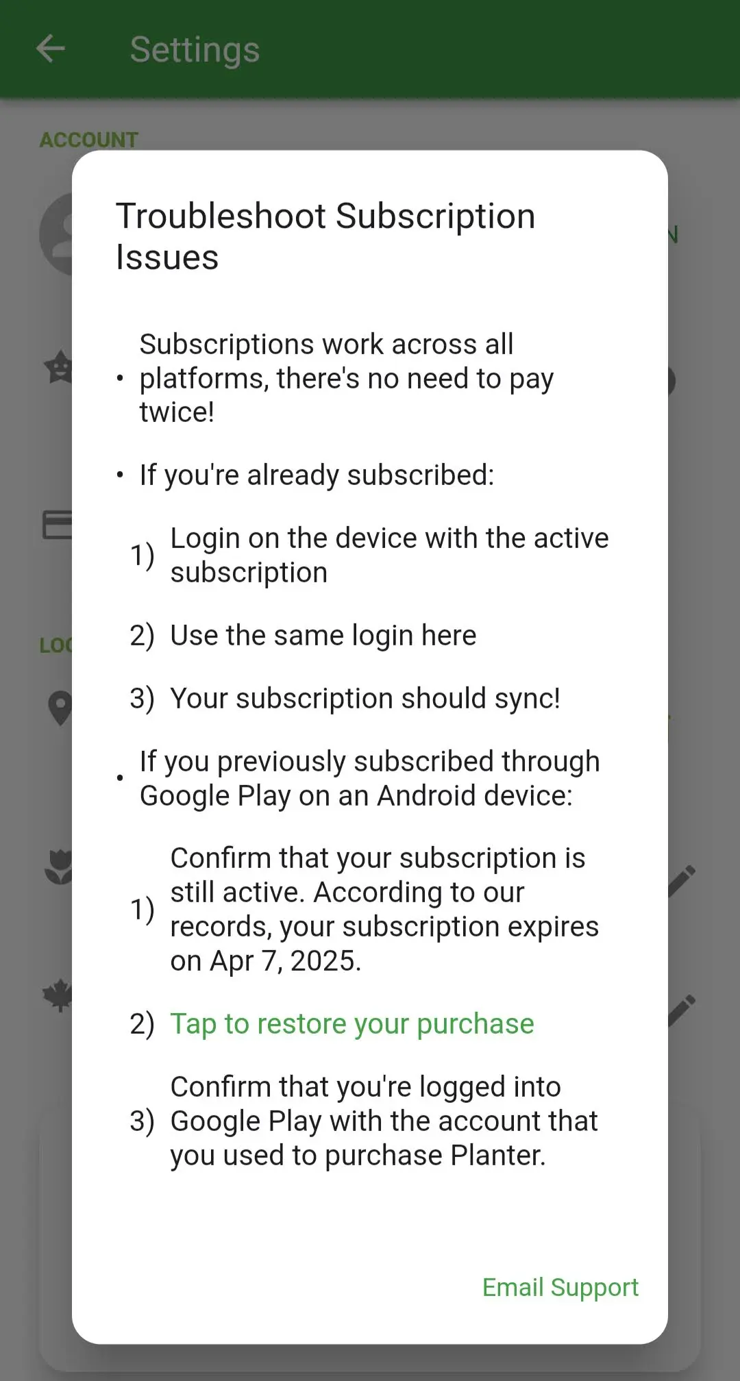 Screenshot of the Restore Subscription help dialog.