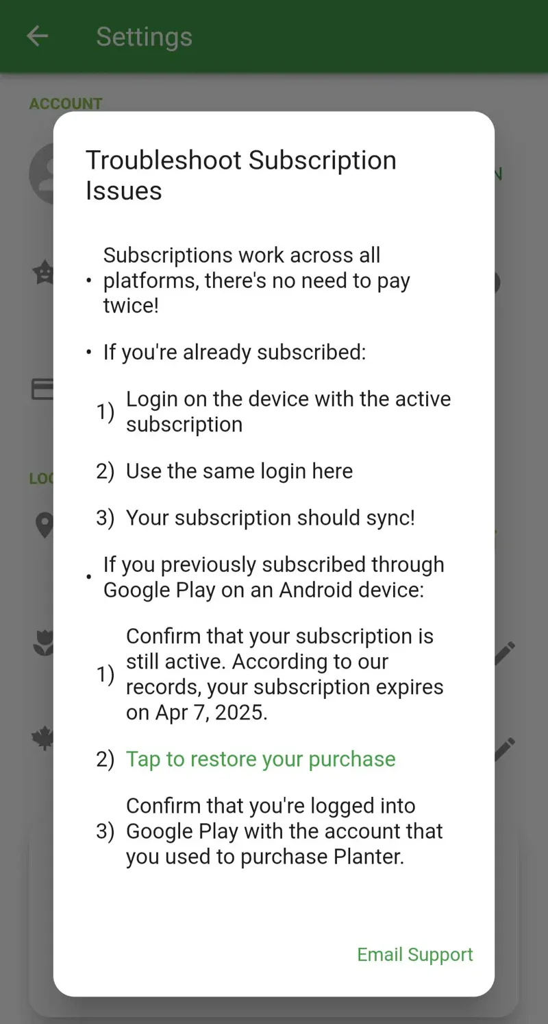 Screenshot of the Restore Subscription help dialog.