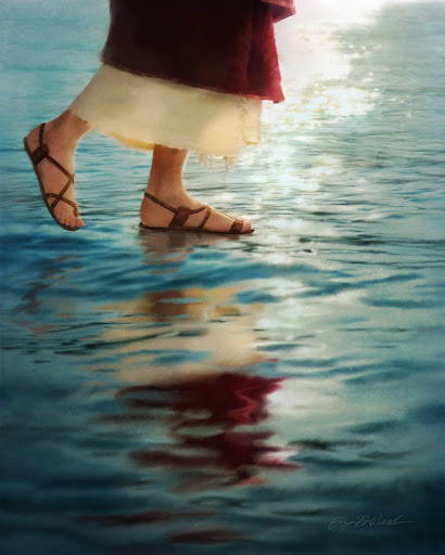 Painting of Jesus' feet walking across smooth water.