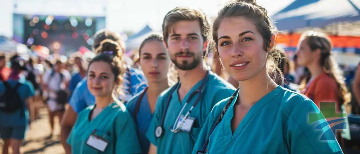 Travel nurses ready at their station at a sunny music festival