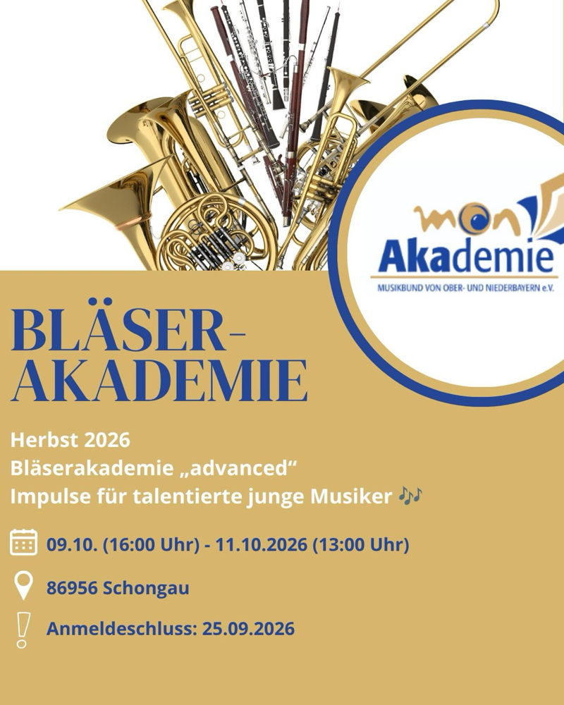 🎺 Bläserakademie Herbst 2026 🎶

Du möchtest dein Können auf das nächste Level bringen? Dann ist die Bläserakademie „advanced“ genau das Richtige für dich!

Gemeinsam mit renommierten Instrumentaldozenten arbeitest du intensiv an deinem musikalischen 