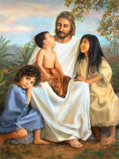Jesus sitting with three children.