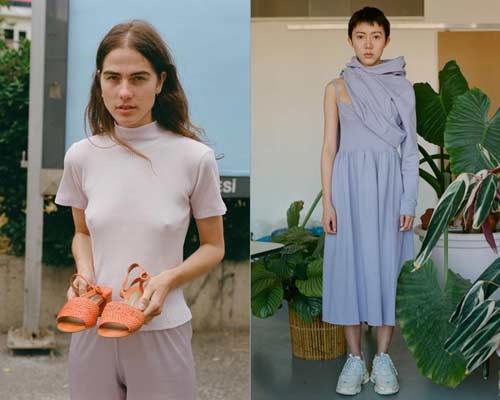 Woman wearing ribbed mock neck t-shirt holding a pair of orange sandals and woman wearing a light lavender strap organic cotton sustainable dress with chunky dad trainers and a lavender hoodie half on half off 