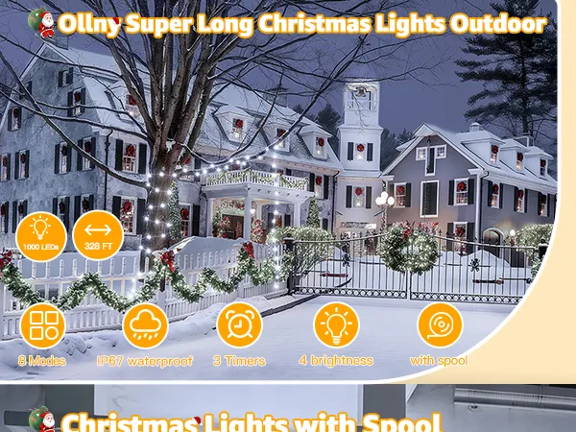 Features of Ollny's 800 leds clear cable cool white string lights - mobile size
