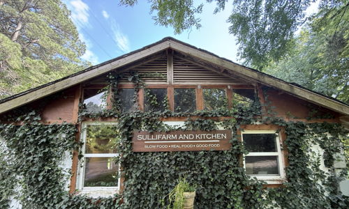 Charming rustic building adorned with ivy, wooden structure, large windows, sign "Sulfur Farm and Kitchen," serene atmosphere.