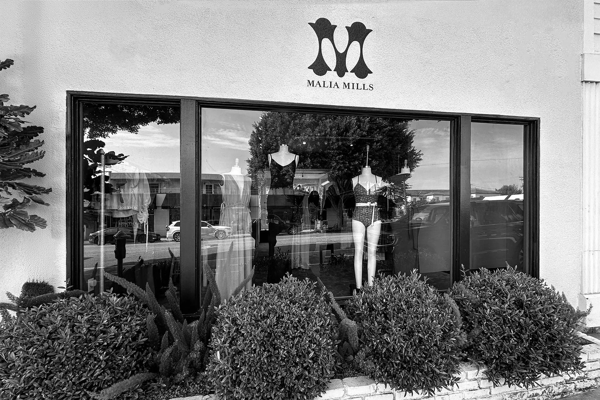 Exterior of the Malia Mills swimwear boutique at the Brentwood Country Mart in Los Angeles