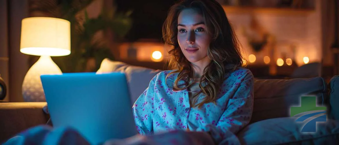A nurse attending a virtual conference in a cozy living room setting