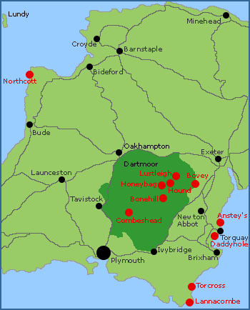 Map of the main bouldering areas in Devon