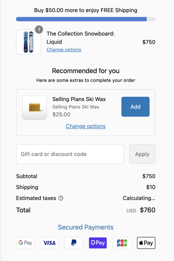 shopify upsell at checkout with reward bar and custom cart