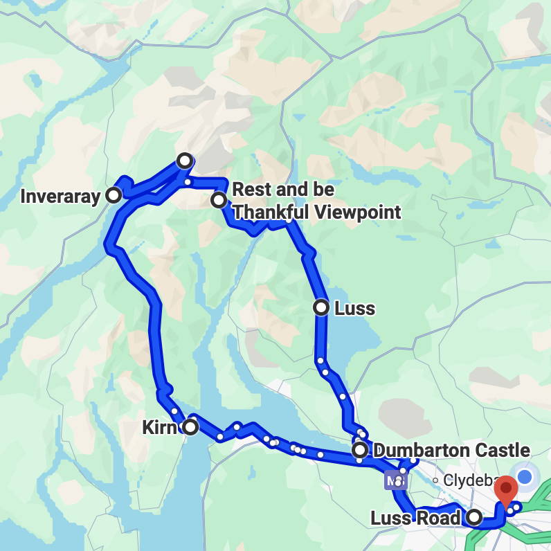 A route map for the day tour from Glasgow to Argyll and The Highlands visiting sights such as Inverary, Luss, Loch Lomond 