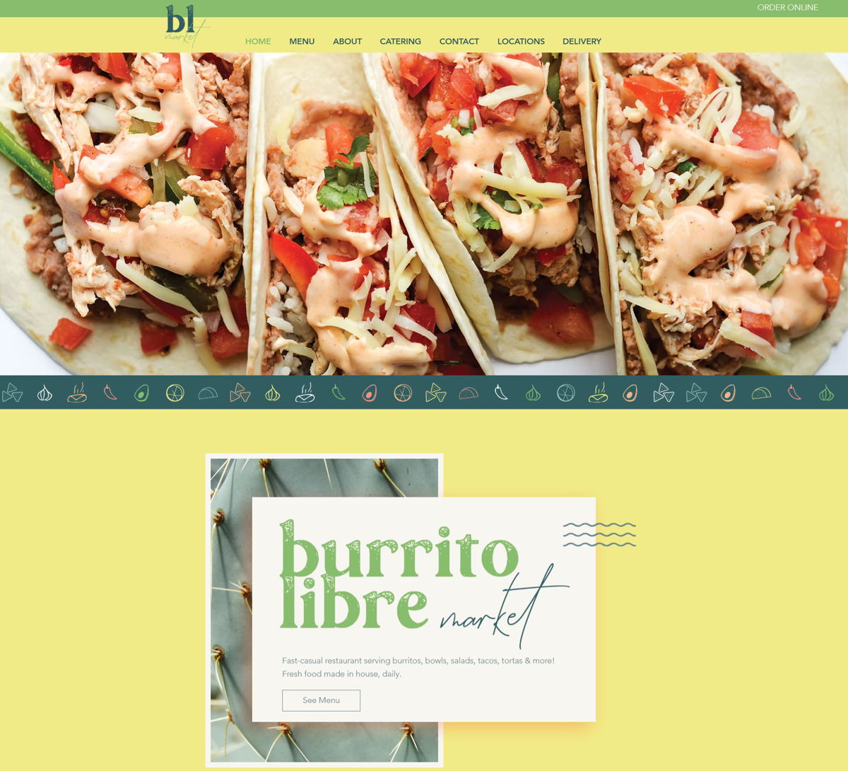 Screenshot of Burrito Libre, from the wix restaurant website examples collection.