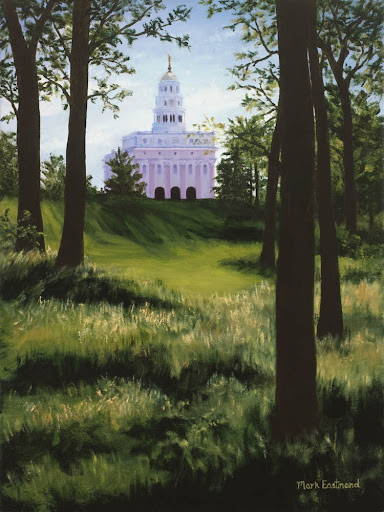 Painting of the Nauvoo Temple standing behind forest trees.