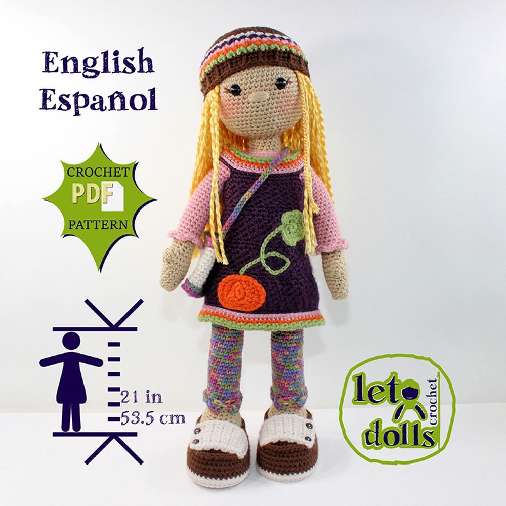 Padrão de boneca grande de crochê Gabi, Amigurumi, 21"/ 53 cm de altura