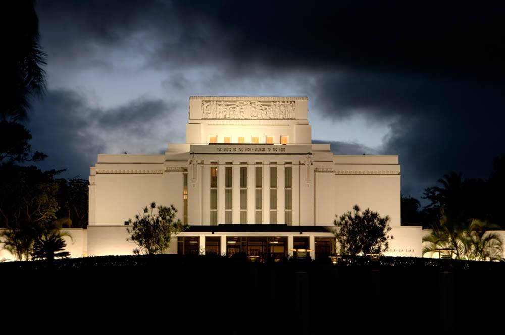 LDS art Laie Temple picture taken during on a cloudy night. 