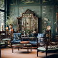 A room full of Chinoiserie with decorative wall paper and an oriental large mirrored cabinet