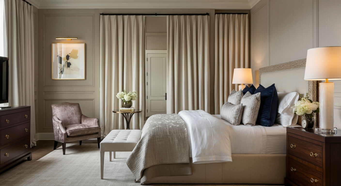 Gold Coast master bedroom staged with sumptuous textiles, museum-quality lighting, and carefully curated accessories that create a sanctuary-like atmosphere. The design emphasizes the room's proportions and architectural details while projecting refined luxury.
