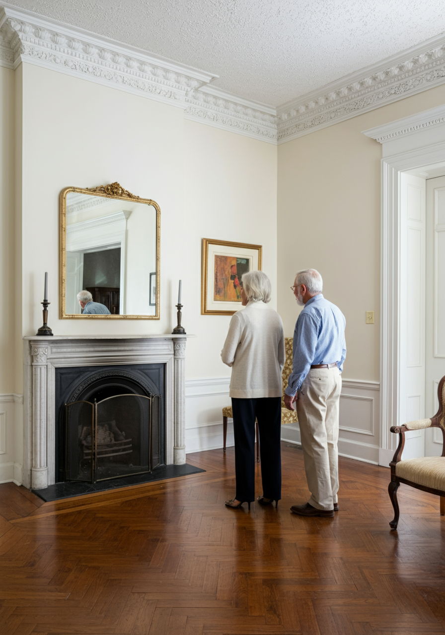 A well-dressed couple in their 60s exploring a historic Gold Coast townhome with original architectural details. The elegant space features crown molding, a marble fireplace, and hardwood floors, representing the classic features that appeal to affluent retirees seeking luxury with character.