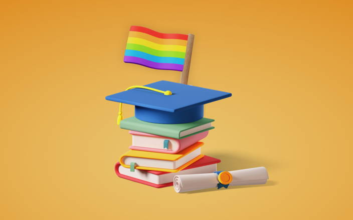 A rainbow flag, graduation cap, and stack of colorful textbooks (preview)