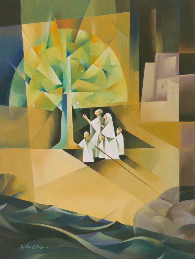 Abstract painting of Lehi's dream with a family at the Tree of Life.