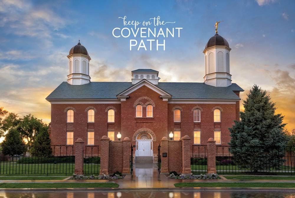 LDS temple photo by Robert A. Boyd of the Vernal Temple. Text reads: "Keep on the Covenant Path."