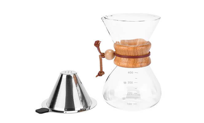 GLASS COFFEE DRIPPER AND CARAFE SET WITH REUSABLE METALLIC FILTER