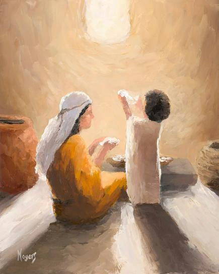 Impressionist painting of Mary and young Jesus  standing in window light. 