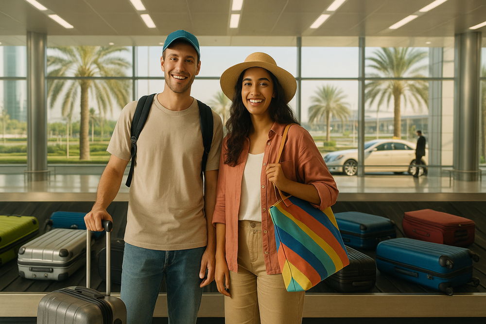 Happy couple at airport baggage claim, smiling with luggage on conveyor belt, with palm trees visible outside.