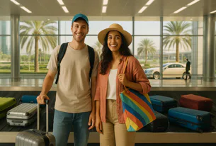 Happy couple at airport baggage claim, smiling with luggage on conveyor belt, with palm trees visible outside.