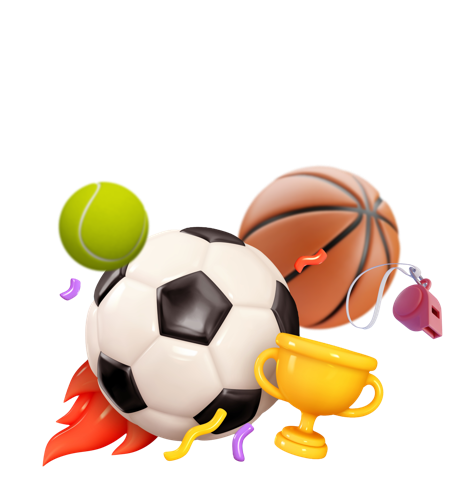 Flying tennis ball, soccer ball, sports trophy, and whistle for Sports Themed Team Building Activities